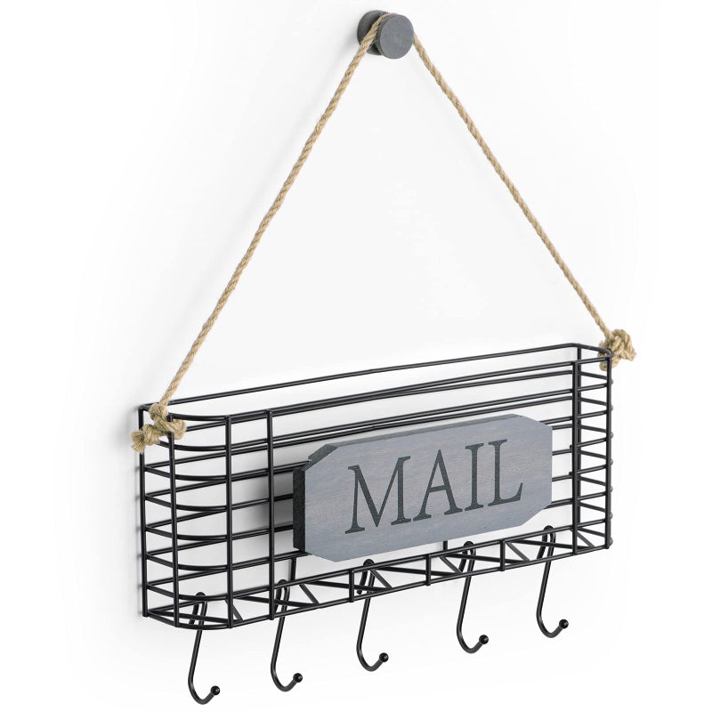 SRIWATANA Mail Key Holder for Wall, Rustic Mail Organizer Wall Mount with 5 Key Hooks, Large, Weathered Grey - Image 2